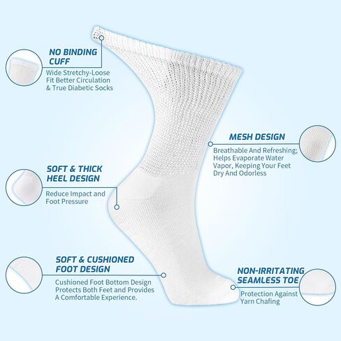 LIN Diabetic Socks for Men & Women, 6 Pairs Crew/Ankle Socks with Cushion, Non-Binding, Extra Wide Top, Loose Fit in Saudi Arabia