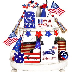 10 Pcs 4th of July Tiered Tray Decor Patriotic Tiered Tray Decor Wood Bead Garland with Tassels Memorial Day Rustic Bead Garland Flag USA Labour Day Tiered Tray Decor Boho Bead Garland Decor