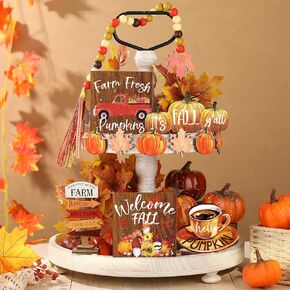 12 Pcs Fall Tiered Tray Decor Thanksgiving Pumpkin Maple Leaves Wooden Sign Farmhouse Fall Decor Wood Bead Pumpkin Fall Tabletop Signs Tiered Tray Decorations for Home Rustic Harvest Table