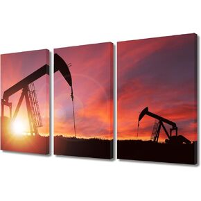 TUMOVO Oil Pumps on Sunset Pictures for Bedroom Oil and Gas Industry Wall Paintings 3 Piece Oil and Gas Wall Art Modern Artwork Home Decor for Living Room Framed Ready to Hang (12x16 inch x3)