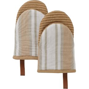 Folkulture Mini Oven Mitts Heat Resistant 5.75" x9", Set of 2 Short Oven Mitts with Hanging Loop, 100% Cotton Oven Gloves or Kitchen Mittens, Small Oven Mitt Set or Silicone Oven Mits (Caramel)