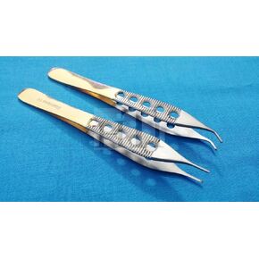 SET OF 2 PREMIUM GRADE ADSON TISSUE 1X2 TEETH DISSECTING FORCEPS 4.75" STRAIGHT & CURVED WITH FENESTRATED GOLD HANDLE ( HTI BRAND)