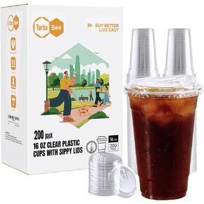 Turbo Bee 16 oz - 200 Sets Clear Plastic Cups with Strawless Sip-Lids, Crystal Clear Disposable Plastic Cups with Lids, To Go Cups for Iced Coffee, Smoothies, Soda, Lemonade, Cold Beverage