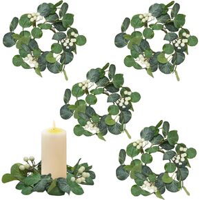 4pcs Artificial Eucalyptus Leaves Candle Rings, 3 Inch Center Small Greenery Candle Rings Wreath Pillar Candle Holders for Spring Summer Wedding Party Table Door