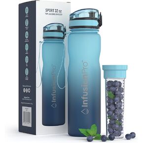 Infusion Pro 24 oz Fruit Infuser Water Bottle, Insulated Sleeve & Fruit Infused Water eBook : Bottom Water Infuser for More Flavor : Locking Flip Top Lid : Unique Gift Idea - Grey