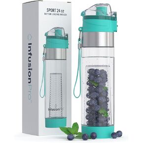Infusion Pro 24 oz Fruit Infuser Water Bottle, Insulated Sleeve & Fruit Infused Water eBook : Bottom Water Infuser for More Flavor : Locking Flip Top Lid : Unique Gift Idea - Grey