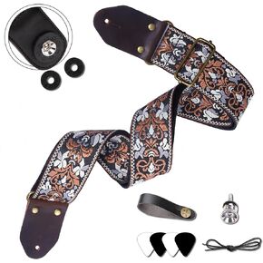 Guitar Strap,Jacquard Embroidery Cotton Guitar Straps with Crazy Horse Leather Ends for Bass, Electric & Acoustic