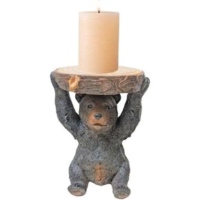 Candle Stick Holder for Rustic Log Cabin Décor with Whimscal Bear Holding Wood Block (Candle Stand Pillar Candle Holder)