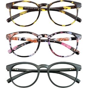 3 Pack Blue Light Blocking Glasses Round Frame Reading Glasses For Women Men, Computer Anti-Glare Anti Eyestrain Reading Glasses (Clear+Clear Gray+Black Purple, No Magnification)