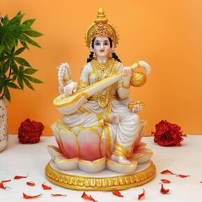 Hindu Goddess Lord Saraswati Statue – Marble Color 8.7"H Polystone Indian Murti Saraswati Idol for Birthday Diwali Vasant Panchami Gifts for Indian Students Teachers Artists Pooja Item