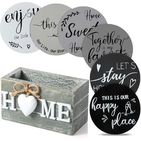 Queekay Housewarming Gifts for Home Decoration Wooden Heart Coasters for Drinks Set of 6 Farmhouse Coasters with Holder Funny for Coffee Table Protection, 4 Inch（Gray, Assorted Colors）