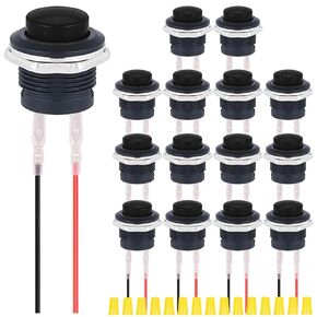 15Pcs 15mm Black Momentary Push Button Switch SPST 1A 250V AC / 3A 125V AC ON Off 2 Pin with Locked Terminal Wires and Wiring Cap for Car, Boat