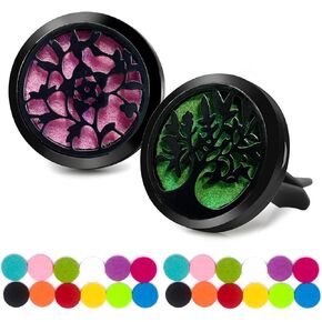 2 Pcs Car Diffuser Vent Clips, Car Automotive Air Fresheners Essential Oil Car Diffuser Clip 30mm Stainless Steel Black Locket with 24 Felt Pads (Tree and Flower)