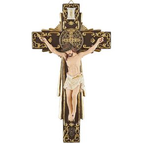 Handcrafted Highly Detailed Crucifix Wall Cross with St. Benedict of Nursia Medal, Catholic Hanging Home Decor for Indoor Decoration, Housewarming Gifts for Christian Men and Women, 11.75 Inches