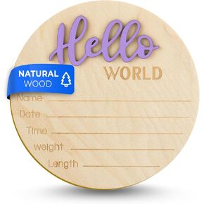 Wooden Baby Announcement Sign, 5.9 Inch Hello World Newborn Welcome Sign Birth Baby Name Plaques for Photo Props (black)