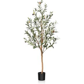 Artificial Olive Tree, 5FT Tall Faux Silk Plant with Natural Wood Trunk and Lifelike Fruits for Home Office Decor - Indoor Fake Potted Tree, 1 Pack