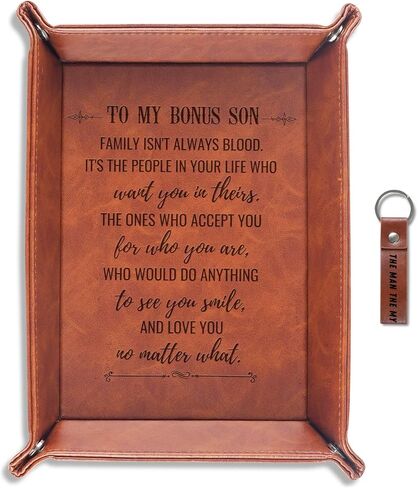 INNObeta Bonus Son Gifts Valet Tray from Step Dad, Step Mom, Desktop Storage Organizer PU Leather Bedside Tray Key Coin Holder for Birthday, Christmas - to My Bonus Son in Saudi Arabia