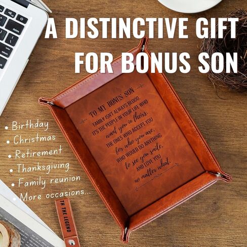 INNObeta Bonus Son Gifts Valet Tray from Step Dad, Step Mom, Desktop Storage Organizer PU Leather Bedside Tray Key Coin Holder for Birthday, Christmas - to My Bonus Son in Saudi Arabia