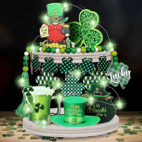 21Pcs St. Patrick's Day Tiered Tray Decor Set with String Lights Confetti Wood Slices Bead Garland for St. Patrick's Day Party Kitchen Table Home Bar Decoration in Kuwait