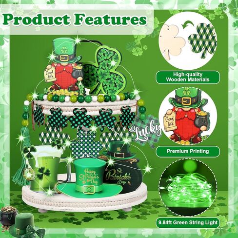 21Pcs St. Patrick's Day Tiered Tray Decor Set with String Lights Confetti Wood Slices Bead Garland for St. Patrick's Day Party Kitchen Table Home Bar Decoration in Kuwait