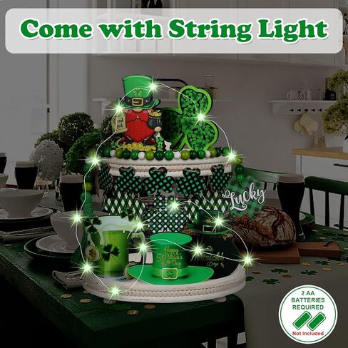 21Pcs St. Patrick's Day Tiered Tray Decor Set with String Lights Confetti Wood Slices Bead Garland for St. Patrick's Day Party Kitchen Table Home Bar Decoration in Kuwait