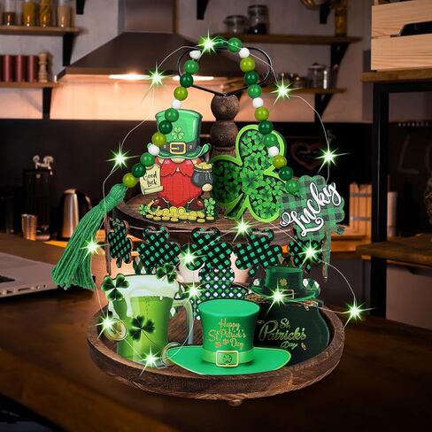 21Pcs St. Patrick's Day Tiered Tray Decor Set with String Lights Confetti Wood Slices Bead Garland for St. Patrick's Day Party Kitchen Table Home Bar Decoration in Kuwait