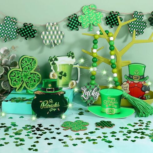 21Pcs St. Patrick's Day Tiered Tray Decor Set with String Lights Confetti Wood Slices Bead Garland for St. Patrick's Day Party Kitchen Table Home Bar Decoration in Kuwait