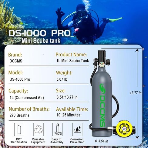 Mini Scuba Tank, 1L Capacity Scuba Diving Tank for Snorkelling or Diving Underwater, 10 to 25 Minutes of Operating Time Premium Reusable Scuba Diving Equipment in Saudi Arabia