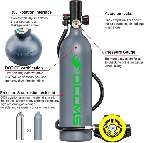 Mini Scuba Tank, 1L Capacity Scuba Diving Tank for Snorkelling or Diving Underwater, 10 to 25 Minutes of Operating Time Premium Reusable Scuba Diving Equipment in Saudi Arabia