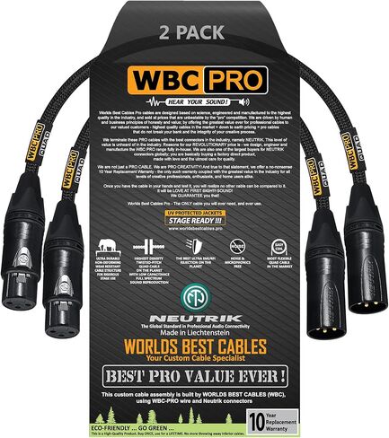 2 Units - 1 Foot - WBC-PRO-QUAD Ultra-Silent Ultra-Flexible Balanced Star-Quad Cable with Neutrik Male & Female XLR Plugs & Black Tweed Jacket in Saudi Arabia