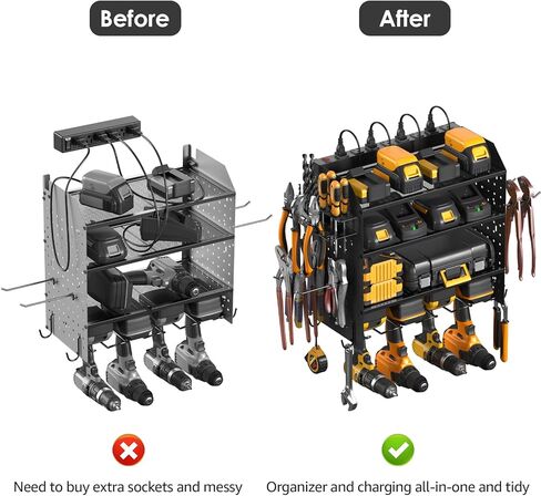 مجموعة CCCEI منظم أدوات الطاقة لحامل Pegboard المعياري مع محطة شحن. حامل مثقاب مثبت على الحائط مكون من 4 طبقات، منظم شاحن بطارية أداة صفراء. رف أدوات تخزين المرآب مع قطاع الطاقة. in Kuwait