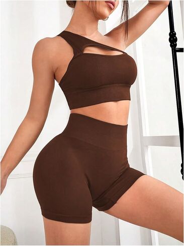 SHENHE Women's Ribbed Workout Set 2 Piece Seamless Cutout Sports Bra and Biker Shorts Set in Saudi Arabia