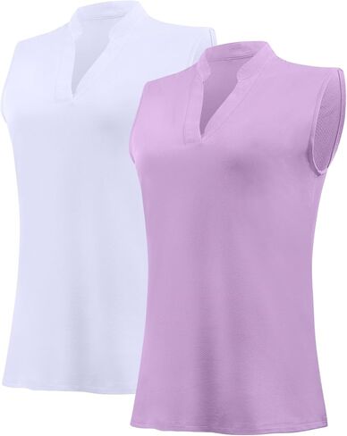 Aranmei Women's Sleeveless Golf Tennis Activewear Polo V Neck Shirts Workout Quick Dry Collarless Tank Tops (2 Pack, S-XL) in Saudi Arabia