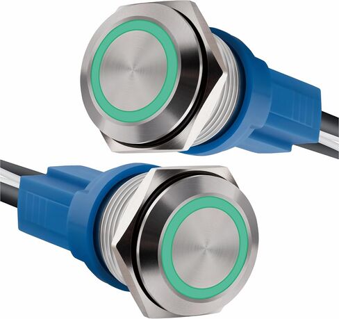 مفتاح زر ضغط LED 16 مم 12-24 فولت تيار مستمر 20 أمبير 1NO تشغيل/إيقاف لثقب تركيب 0.63 بوصة مع مقبس سلك (2، أخضر، 16 مم) in Saudi Arabia