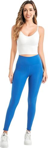 Women High Waisted Fitness Pants Solid Color Running Leggings with Pockets in Saudi Arabia