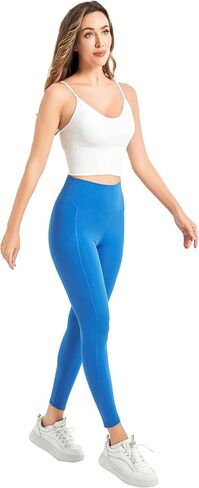 Women High Waisted Fitness Pants Solid Color Running Leggings with Pockets in Saudi Arabia
