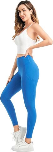 Women High Waisted Fitness Pants Solid Color Running Leggings with Pockets in Saudi Arabia