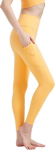 Women High Waisted Fitness Pants Solid Color Running Leggings with Pockets in Saudi Arabia