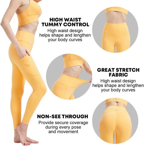 Women High Waisted Fitness Pants Solid Color Running Leggings with Pockets in Saudi Arabia