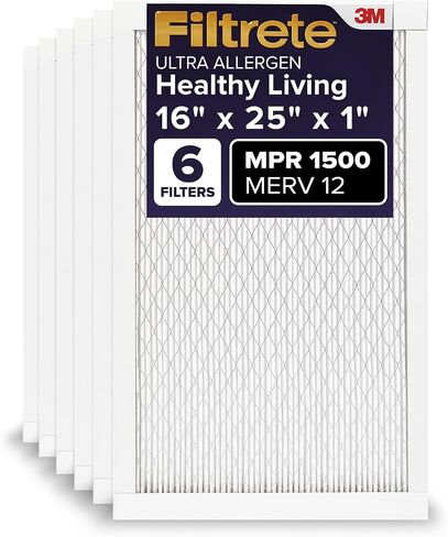 Filtrete 16x25x1 AC Furnace Air Filter, MERV 12, MPR 1500, CERTIFIED asthma & allergy friendly, 3 Month Pleated 1-Inch Electrostatic Air Cleaning Filter, 6-Pack (Actual Size 15.69x24.69x0.78 in) in Saudi Arabia