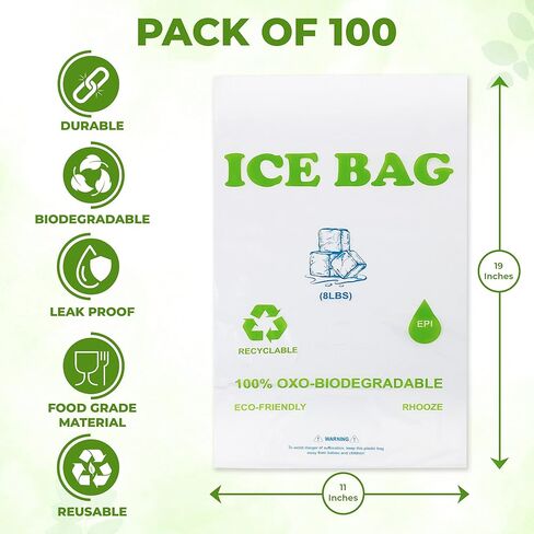 Rhooze-Ice Bags Oxo-Biodegradable-8lb,Pack of 100 Plastic Ice Bags-Resistant and Thick-Reusable Ice Bags-Ice Cube Bags are used for Camping,Pool Party,Fishing...Size 19*11 inches in Saudi Arabia