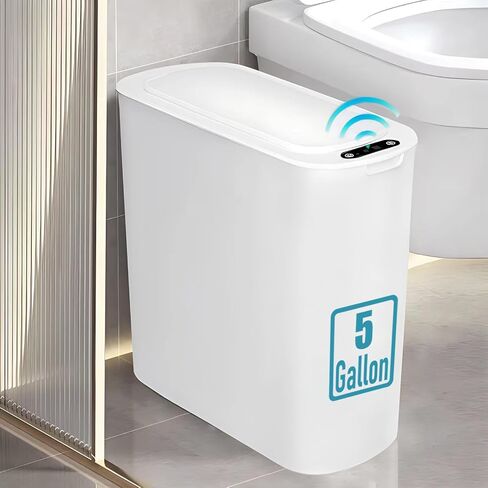 5 Gallon Motion Senor Bathroom Trash Can with Lid, Automatic Garbage Can Touchless, Smart Plastic Waste basket for Narrow Spaces, Bathroom, Office, Bedroom, Living Room (White) in Saudi Arabia
