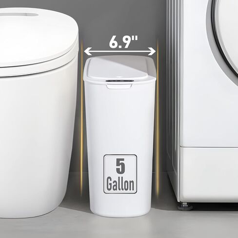 5 Gallon Motion Senor Bathroom Trash Can with Lid, Automatic Garbage Can Touchless, Smart Plastic Waste basket for Narrow Spaces, Bathroom, Office, Bedroom, Living Room (White) in Saudi Arabia