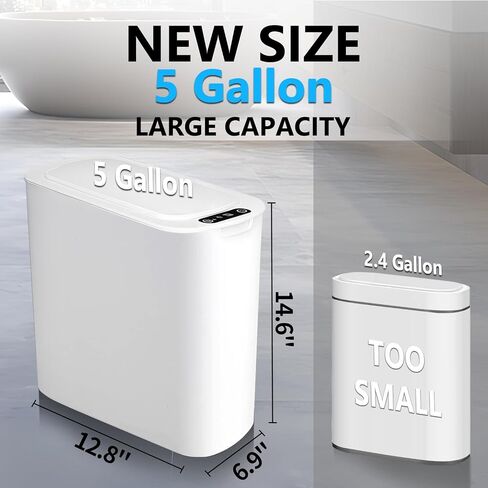 5 Gallon Motion Senor Bathroom Trash Can with Lid, Automatic Garbage Can Touchless, Smart Plastic Waste basket for Narrow Spaces, Bathroom, Office, Bedroom, Living Room (White) in Saudi Arabia