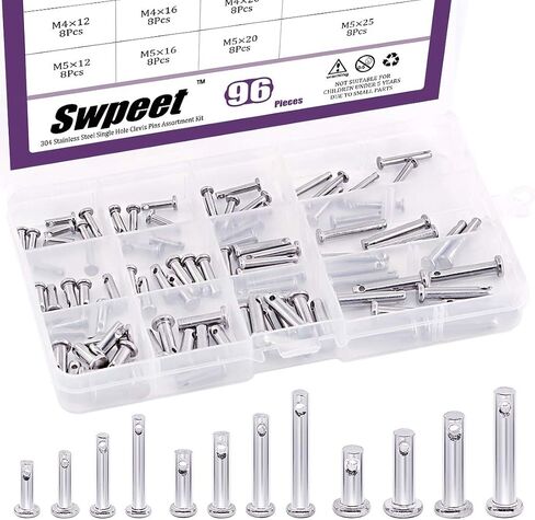 Swpeet 96Pcs Clevis Pin Assortment Kit, 304 Stainless Steel M3 M4 M5 12 Type Flat Head Pin with Hole Location Pin T-Shape Round Pin with Plastic Box in Saudi Arabia