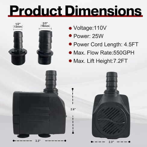 550GPH Submersible Water Pump, 25W Fountain Pump High Lift with 7.2 ft, Ultra Quiet Submersible Pump Fountain Water Pump for Pond Fountain, Fish Tank in Saudi Arabia