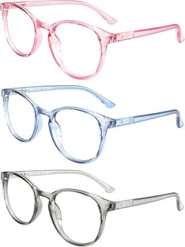3 Pack Blue Light Blocking Glasses Round Frame Reading Glasses For Women Men, Computer Anti-Glare Anti Eyestrain Reading Glasses (Clear+Clear Gray+Black Purple, No Magnification) in Saudi Arabia