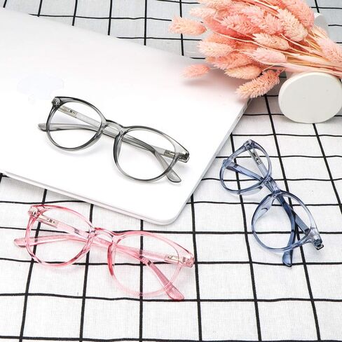 3 Pack Blue Light Blocking Glasses Round Frame Reading Glasses For Women Men, Computer Anti-Glare Anti Eyestrain Reading Glasses (Clear+Clear Gray+Black Purple, No Magnification) in Saudi Arabia
