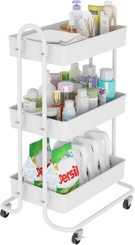 عربة تخزين دوارة من sywhitta ذات 3 طبقات بمقبض، عربة تخزين متعددة الوظائف للمطبخ والحمام وغرفة المعيشة والمكتب باللون الأبيض in Kuwait