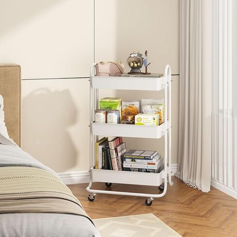 عربة تخزين دوارة من sywhitta ذات 3 طبقات بمقبض، عربة تخزين متعددة الوظائف للمطبخ والحمام وغرفة المعيشة والمكتب باللون الأبيض in Kuwait